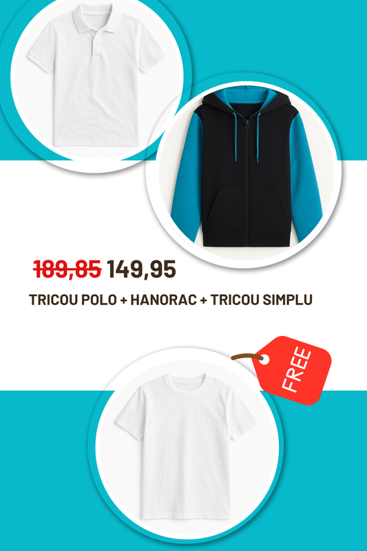 Junior Unisex - 1 Tricou Polo + 1 Tricou Basic + 1 Hanorac